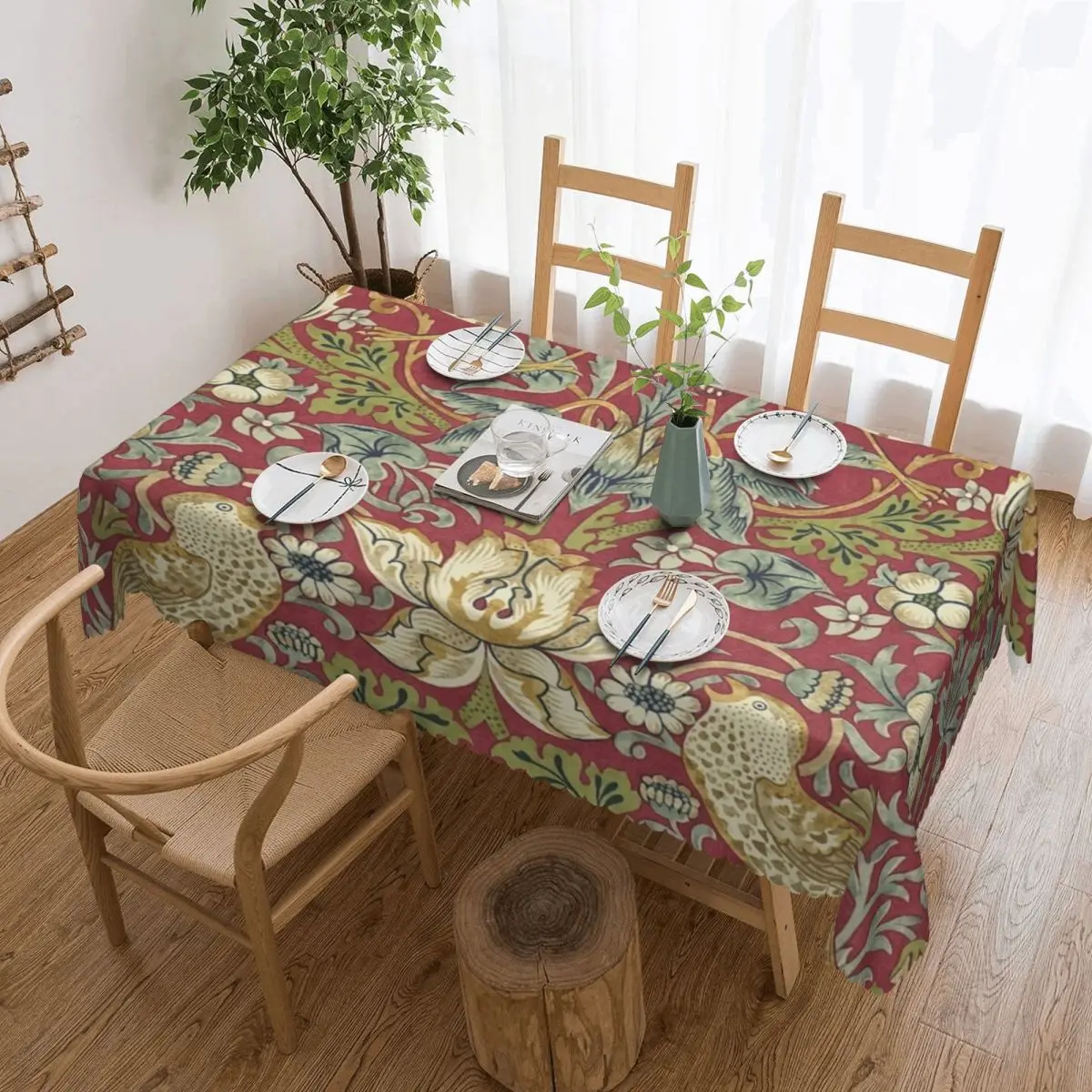 William Morris Strawberry Thief Red Custom Rectangular Waterproof Oilproof Tablecloth Table Cover for Dining Events Table Cloth
