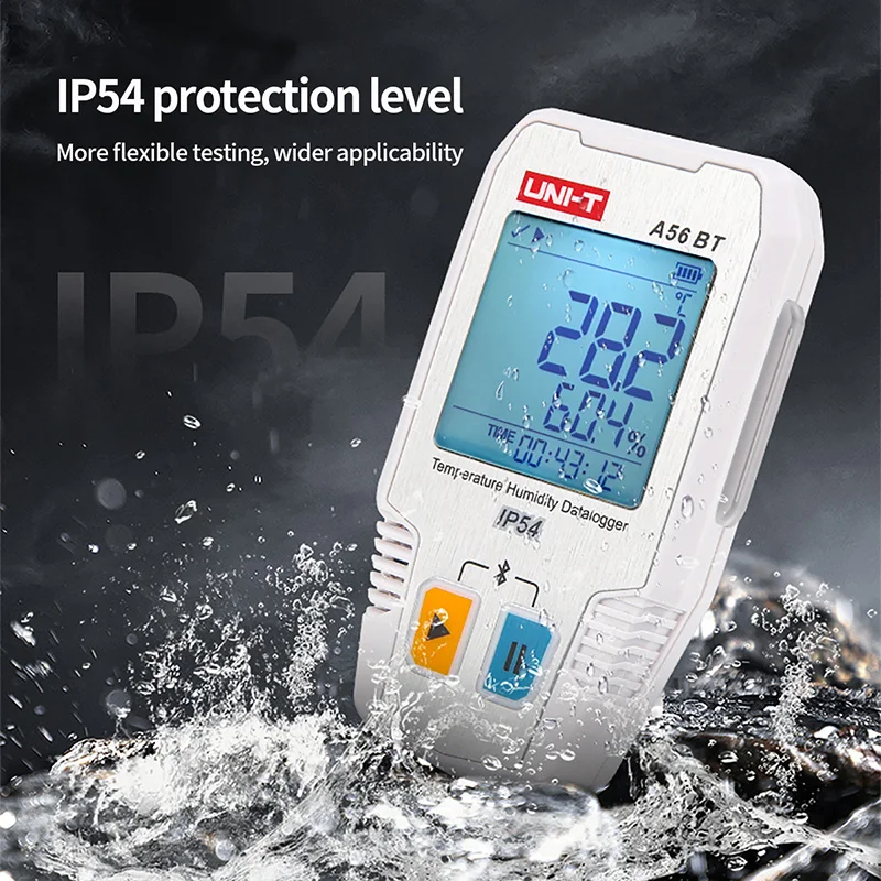 UNI-T Temperature Humidity Data Logger A56 BT Bluetooth Digital Food Thermometer Hygrometer 64000 Sets Data Storage IP54