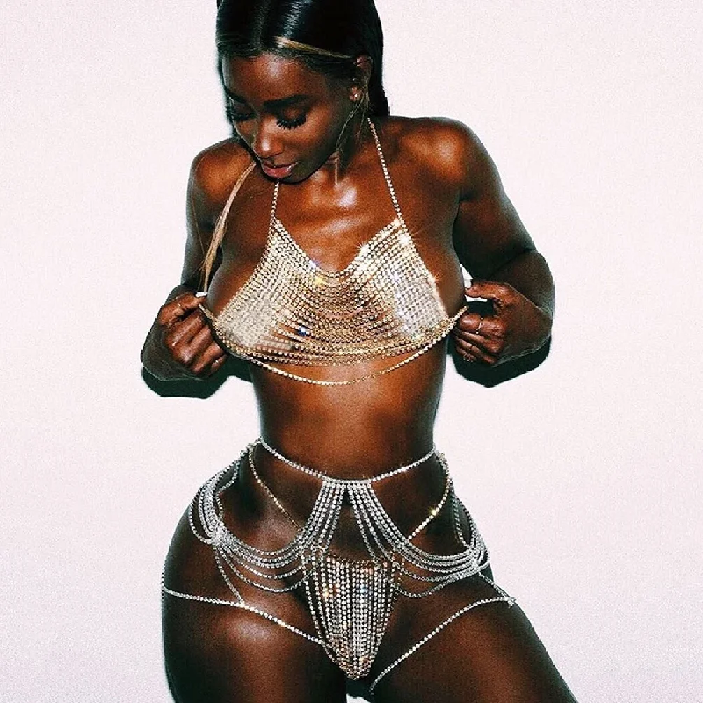 Shiny Diamante Halter Two Piece Set See through Crop Top with Hot Waist Chain And High Cut Panties Sexy Clubwear 2 Pcs Set