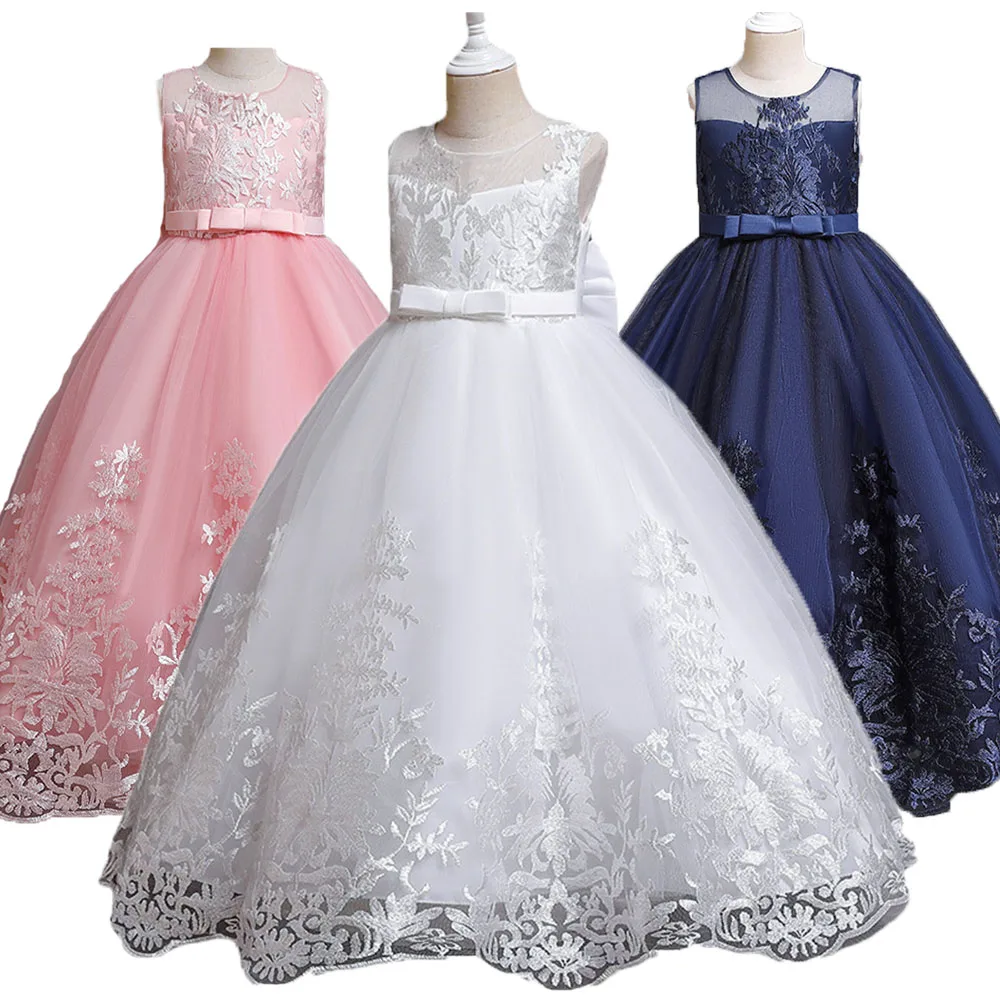 New Winter Solid Long Embroidery Princess Costume Children Party Wedding Evening Dresses for Girls Birthday Vestidos 4-12 Age