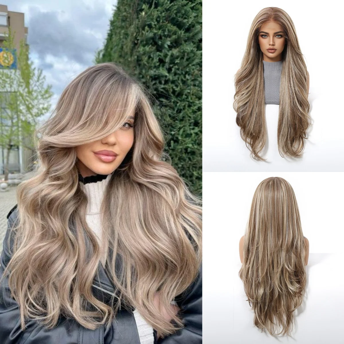 

HENRY MARGU 13x6 Synthetic Lace Front Wig Long Ash Brown Wig Natural Wavy Hair for Daily Wear High Temperature Fiber Wig