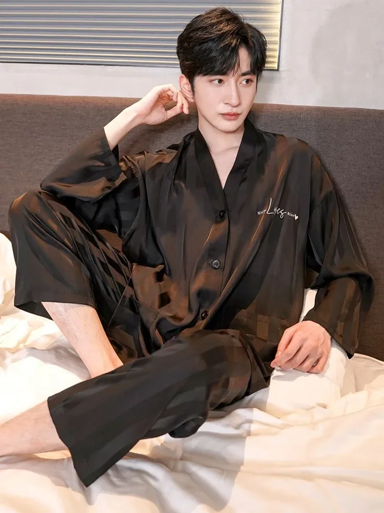 New Summer Sleepwear Men's  Silk Long Sleeve Thin Set Home Clothes