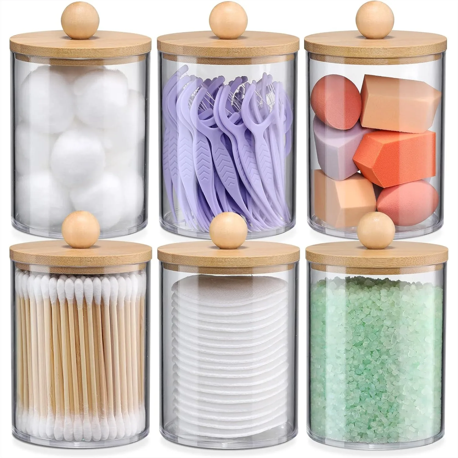 

6 Pack Bamboo Qtip Holders for Bathroom Storage - Cotton Balls, Swabs, Pads, Floss