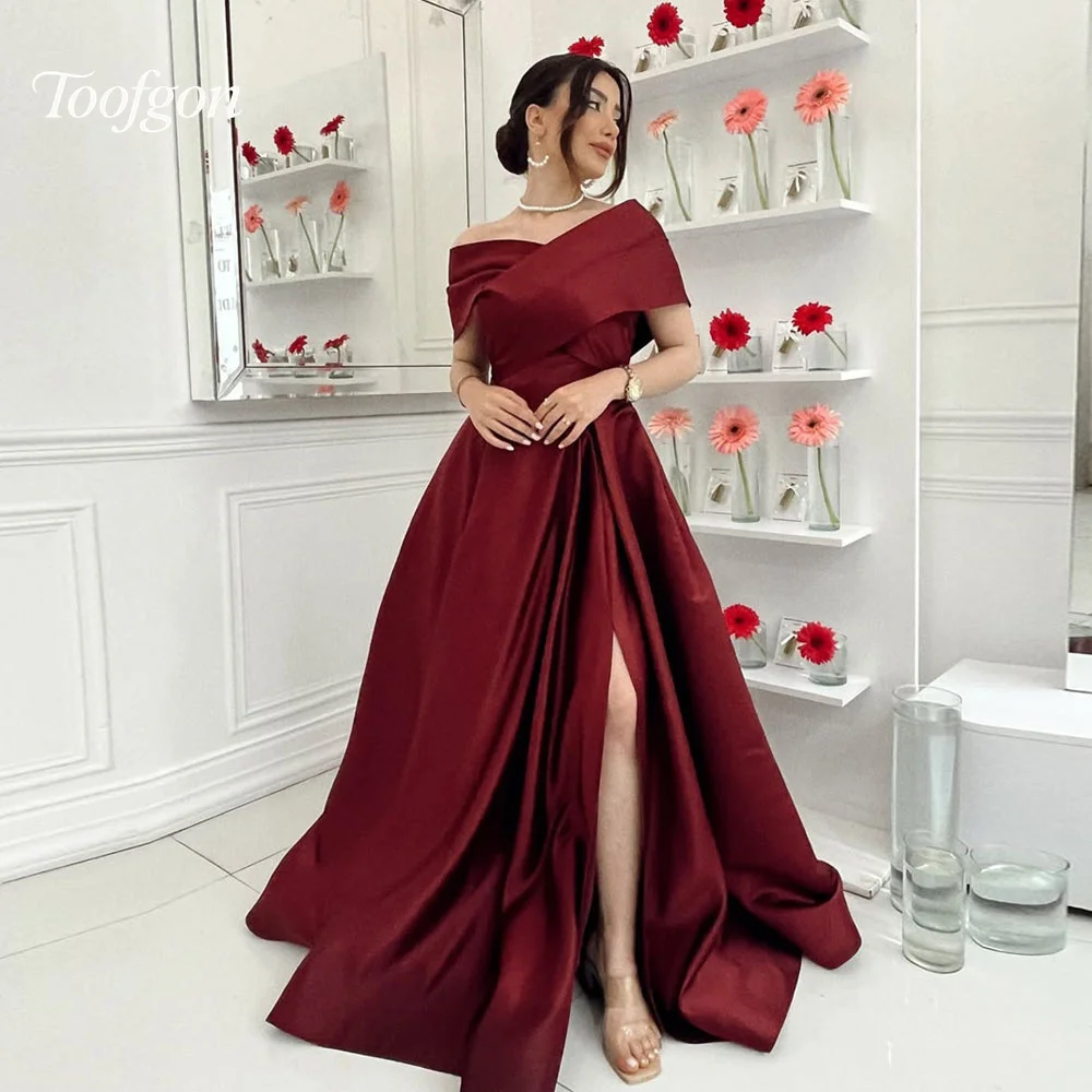 Toofgon Burgundy Prom Gowns Satin Formal Party Evening Dresses High Slit Women Special Occasion Outfits Customized 2025