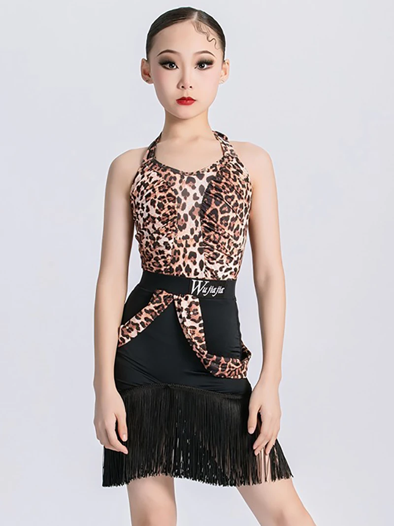 Leopard Print Tassels Halter Children Professional Latin Dance Dress Kids Girls Ballroom Dancing Rumba Chacha Samba Dresses