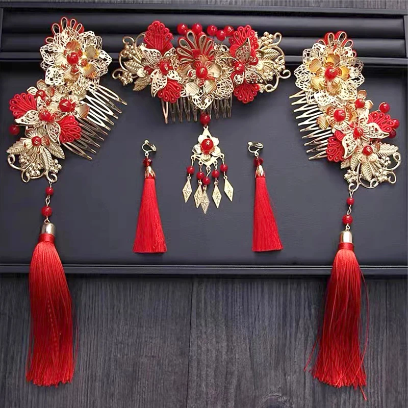 Chinese Handmade Bride Headdress Costume Coronet Tassel Wedding Hair Accessories