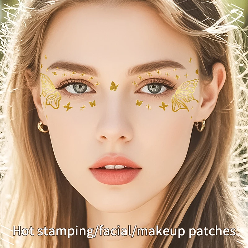 ملصقات على شكل فراشة لامعة وشم للوجه وشم ذهبي مؤقت معدني شارات مكياج مقاومة للماء لمهرجانات حفلات الفتيات