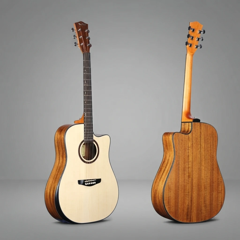 Dreadnought Cutaway Acoustic Guitar Golden Brown Back Sides Natural Gloss Top 6 Strings for Beginners, Great for Daily Practice