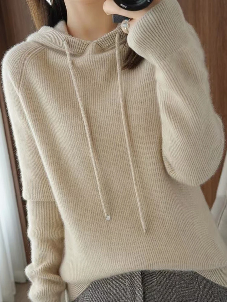 2024 Autumn/Winter New Sweater Women's 100% Pure Wool Hooded Collar Pullover Sweater Ladies Fashion Warm Knitted Bottoming Shirt