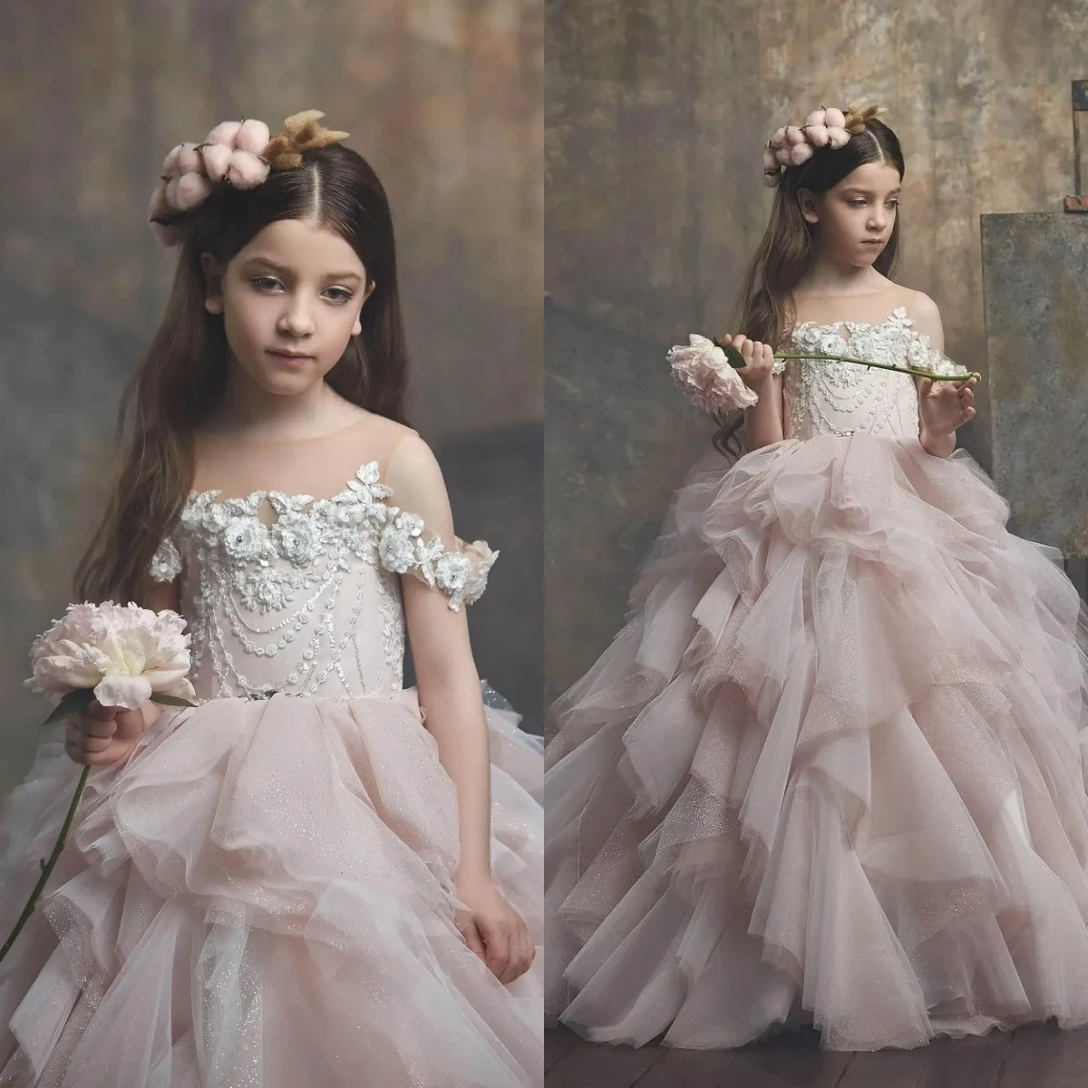 

Beautiful Luxury pink Or White Flower Girls Dress Tulle Fluffy Exquisite Appliques For Kids Wedding Birthday Evening Dresses