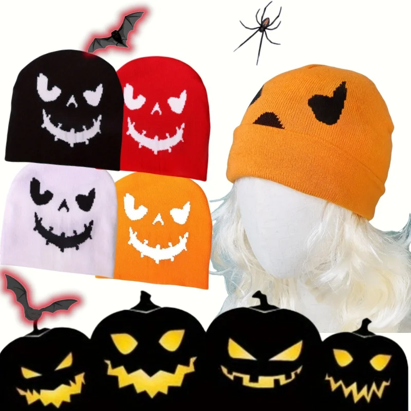 Unisex Pumpkin Face Embroidered Beanie Soft Warm Elastic Knit Hat Coldproof Cartoon Ghost Cap for Halloween Skiing Outdoor Activ