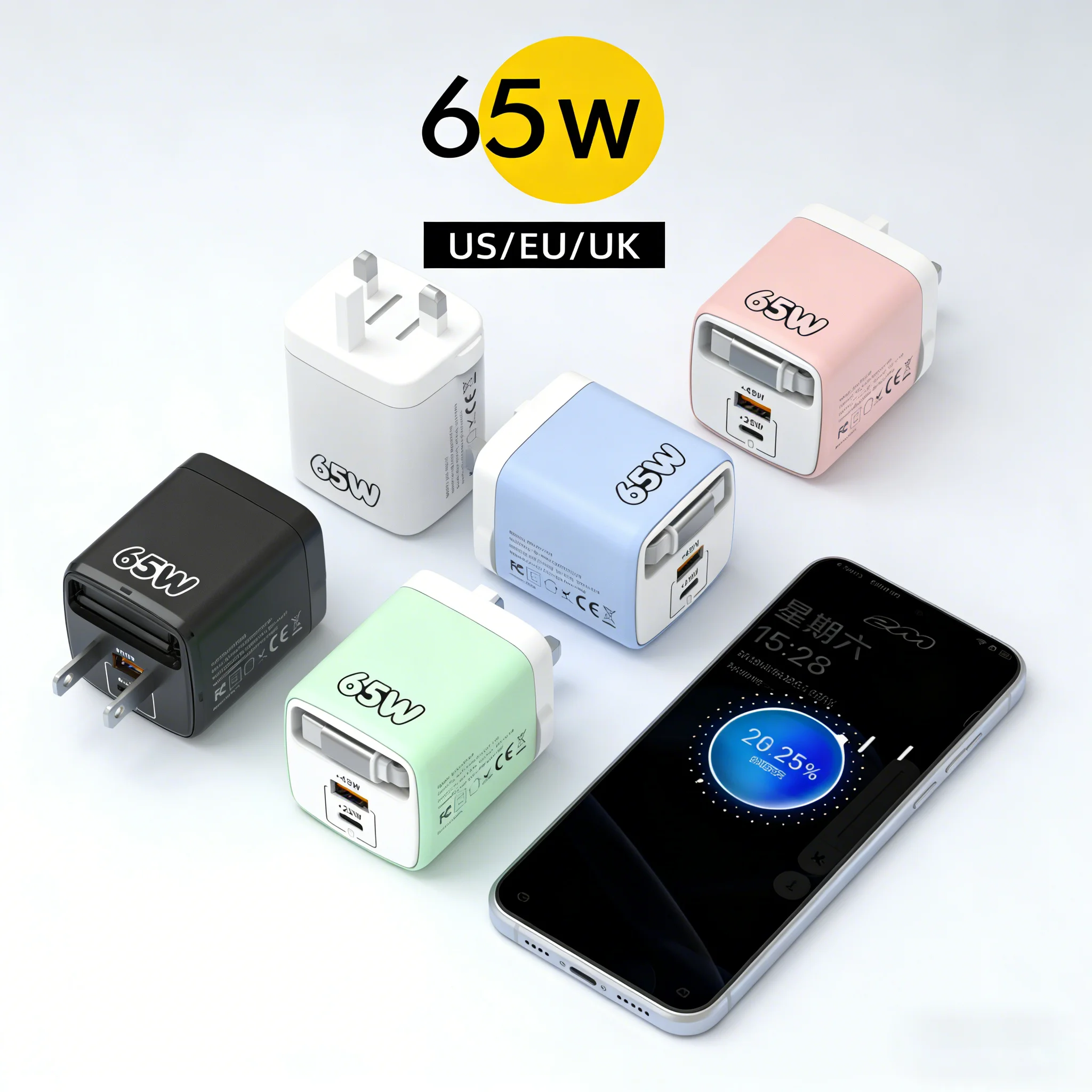 

Зарядное устройство USB-C 65 Вт для быстрой зарядки, адаптер USB для телефона, быстрая зарядка PD Quick Charge 3.0, сетевой адаптер для iPhone 16 17 Samsung Xiaomi Huawei (EU US UK)