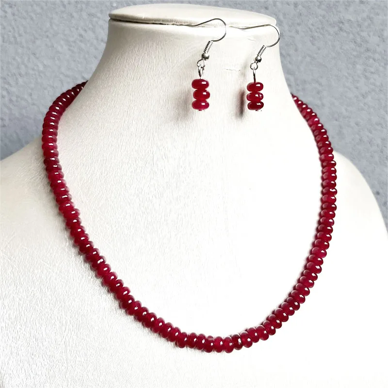 Luxury 4*6MM Oval Red Ruby Necklace Earrings Set Natural Beads Women Varnish Preciosas Stone