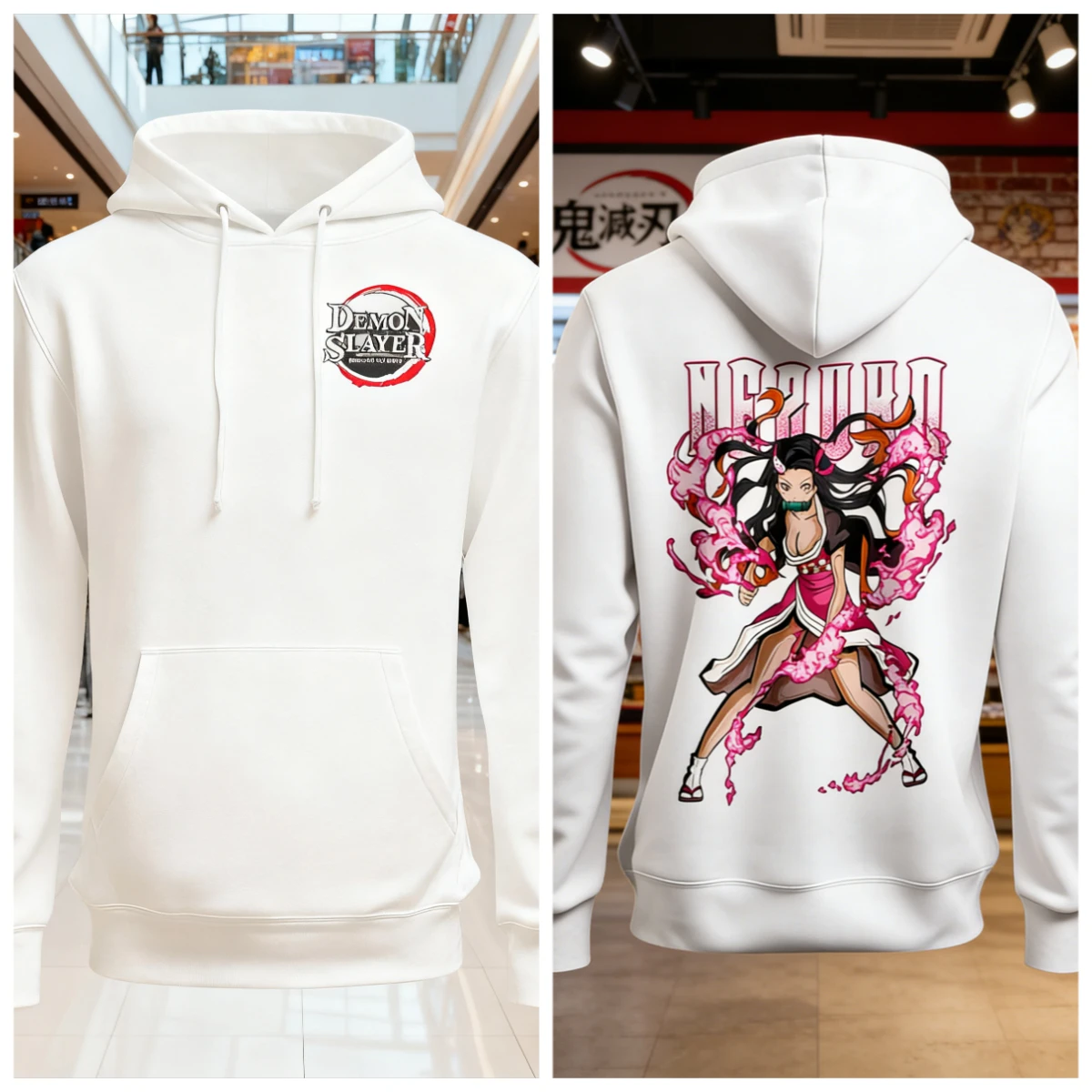 เสื้อฮู้ดผ้าฝ้ายลายอนิเมะดาบพิฆาตอสูร สีชมพู พิมพ์ลายตัวละครผมยาว ตาสีแดง ท่าทางดุดัน ลายเอฟเฟกต์เปลวไฟ สไตล์ลำลอง