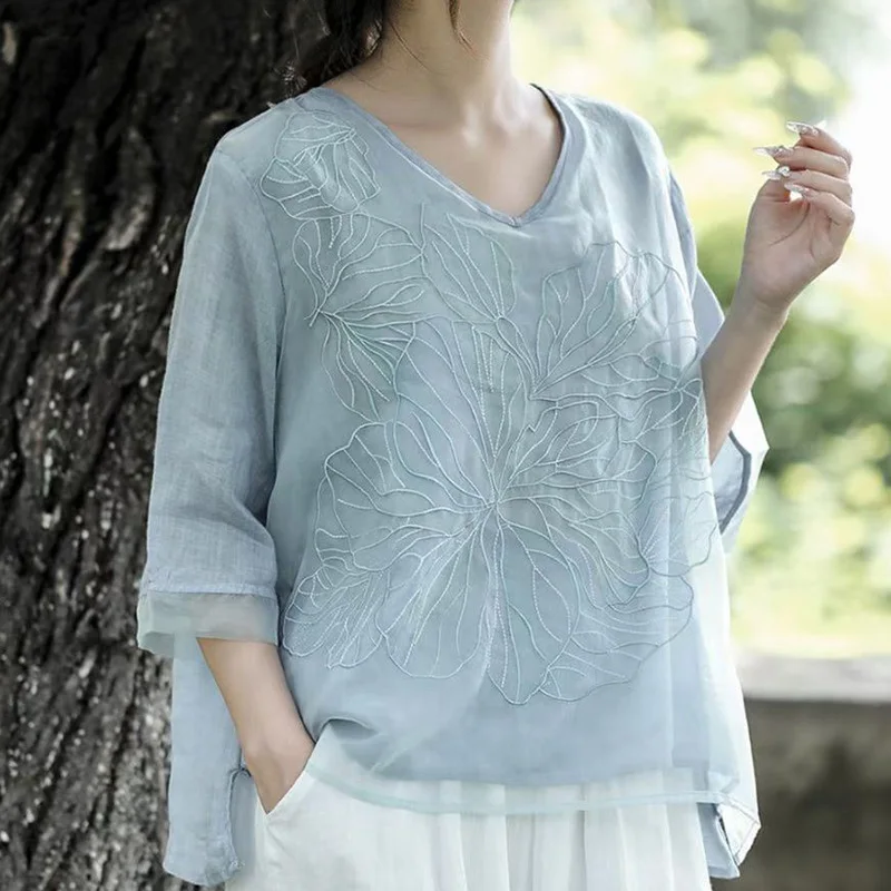 2024 New Summer Retro Loose Casual Office Lady Women's Shirt Embroidery Cotton Linen Splicing V Neck Short Sleeve Y2K Chic Tops