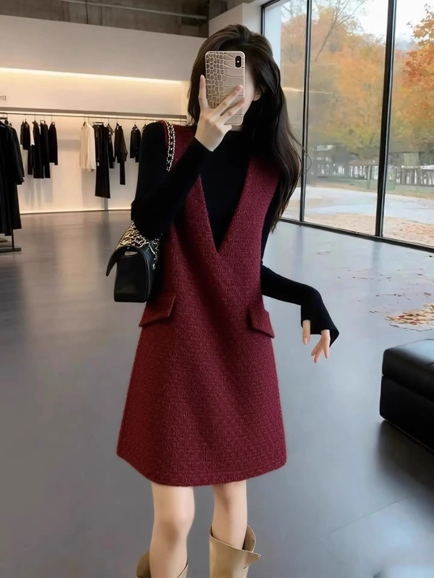 

Зимний модный комплект больших размеров для женщин: красная базовая рубашка и платье-жилет в корейском стиле, уникальный и красивый ансамбль с высокой талией