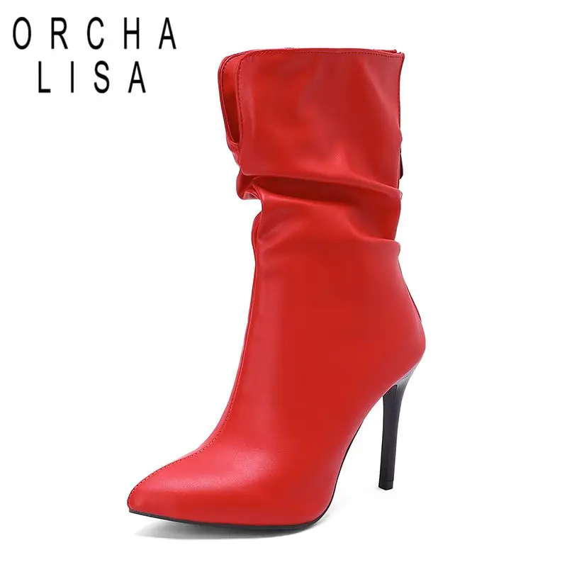 ORCHA LISA مثير المرأة منتصف العجل الأحذية أشار تو 10 سنتيمتر رقيقة عالية الكعب عودة سستة كبيرة الحجم 46 48 موضة يؤرخ نمط الحفلات