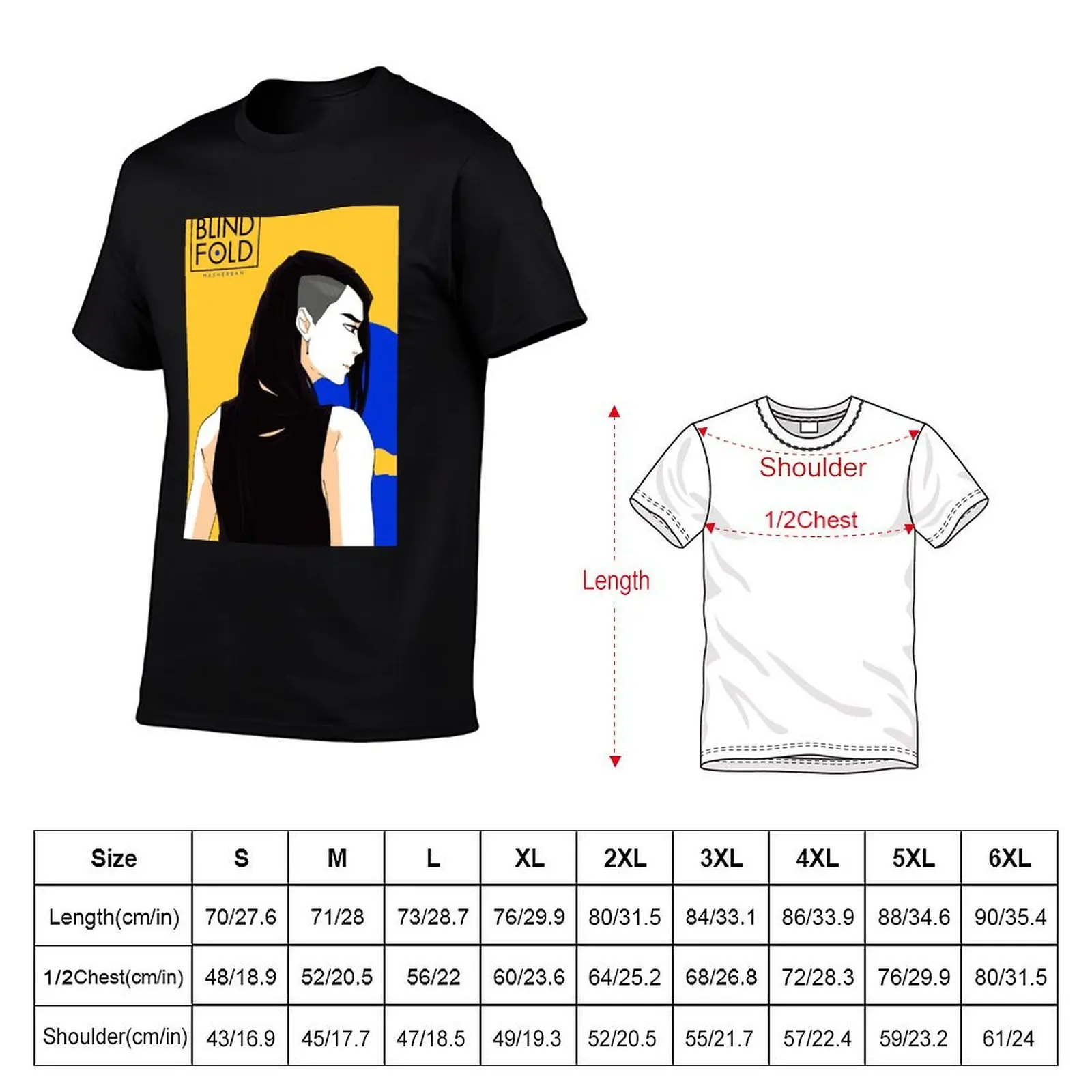 Mitsu (Blindfold) on a yellow background with a blue shade by Mashersan T-Shirt graphic shirts topping mens vintage t shirts