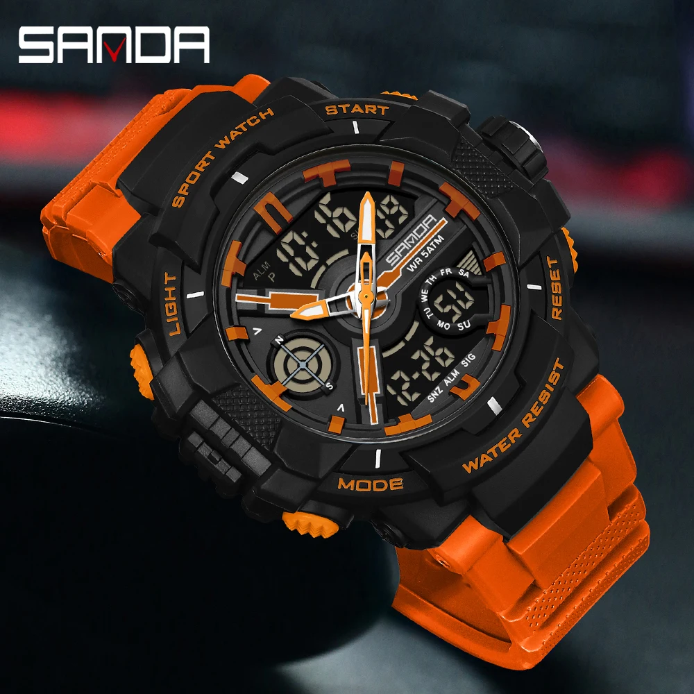 SANDA 6226 ساعة منبه رياضية للرجال ساعة توقيت إضاءة خلفية رقمية عرض مزدوج الوقت إضاءة مقاومة للماء ساعة كوارتز رجالية 2025