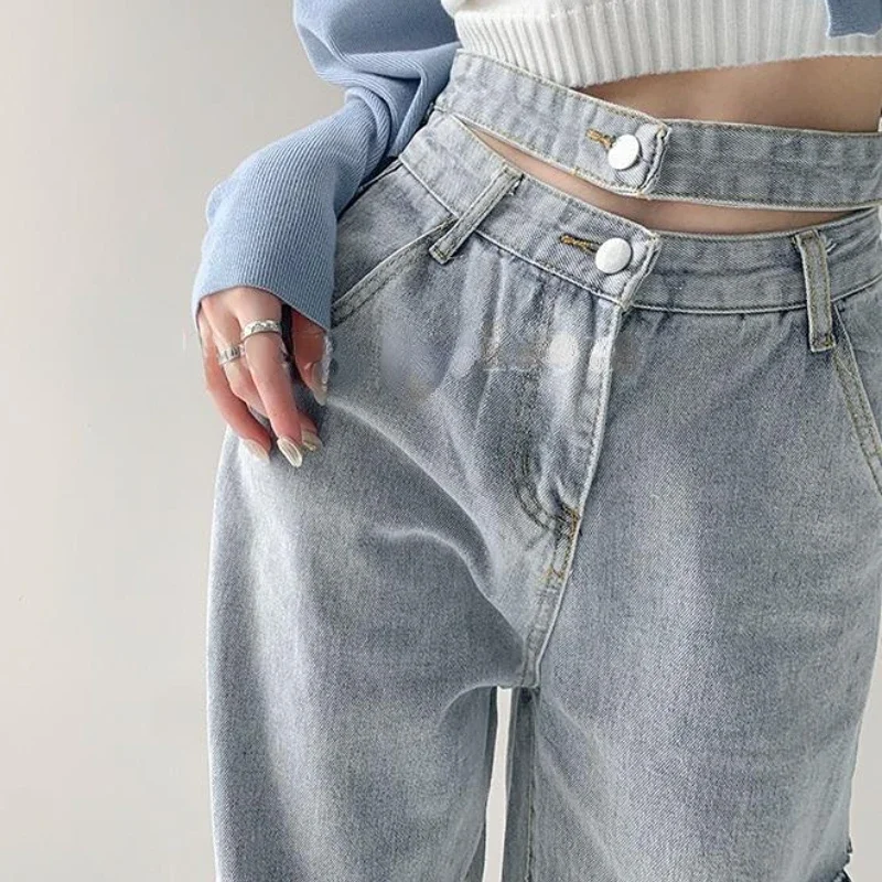

Hollow Out Jeans Women Straight Ripped Vintage Simpe Loose Streetwear Spring Hotsweet High Waist Office Ladies Fashion Ulzzang