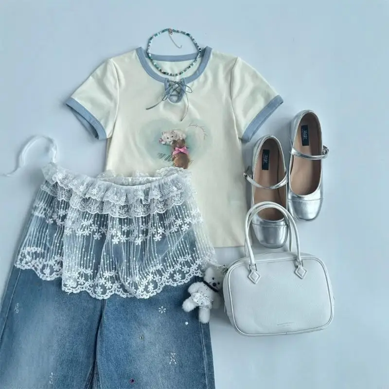 270D كشكش طبقات الدانتيل وهمية أعلى الاجتياح تنورة نصف طول تنورة صغيرة هملين قميص موسع للنساء الفتيات الهدايا