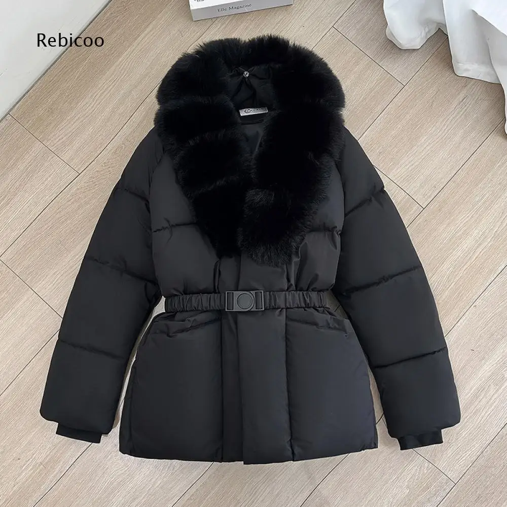 Womens Winter Padded Outerwear Wide Faux Fur Collar Waist Cinching Belt Pockets For Commuting And Outdoor Activities