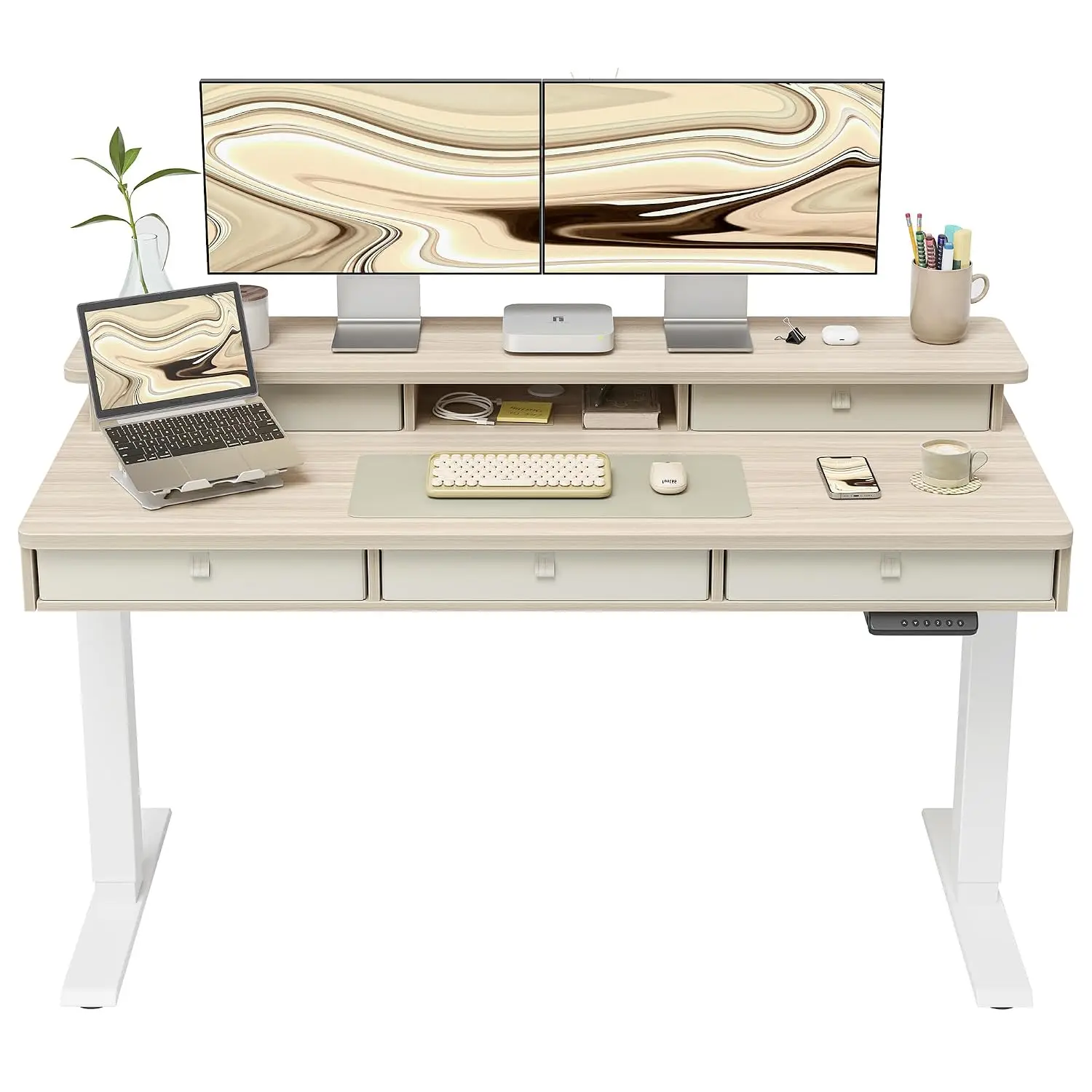 Electric Height Adjustable Standing Desk With 5 Drawers & Shelf, 55x24 Inch Sit Stand Table White Frame Walnut Top, Customized