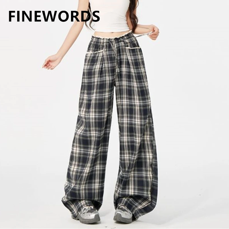 

FINEWORDS Vintage Casual Wide Leg Korean Pants Women Streetwear Easymatch Plaid Baggy Pants Full Length High Waist Loose Pants