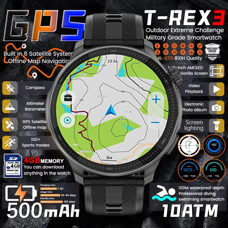 

2026 Military T-Rex 3 Smart Watch Fitness Clock Men 466*466 AMOLED Screen 500mAh Battery Flashlight Call Waterproof Smartwatchs