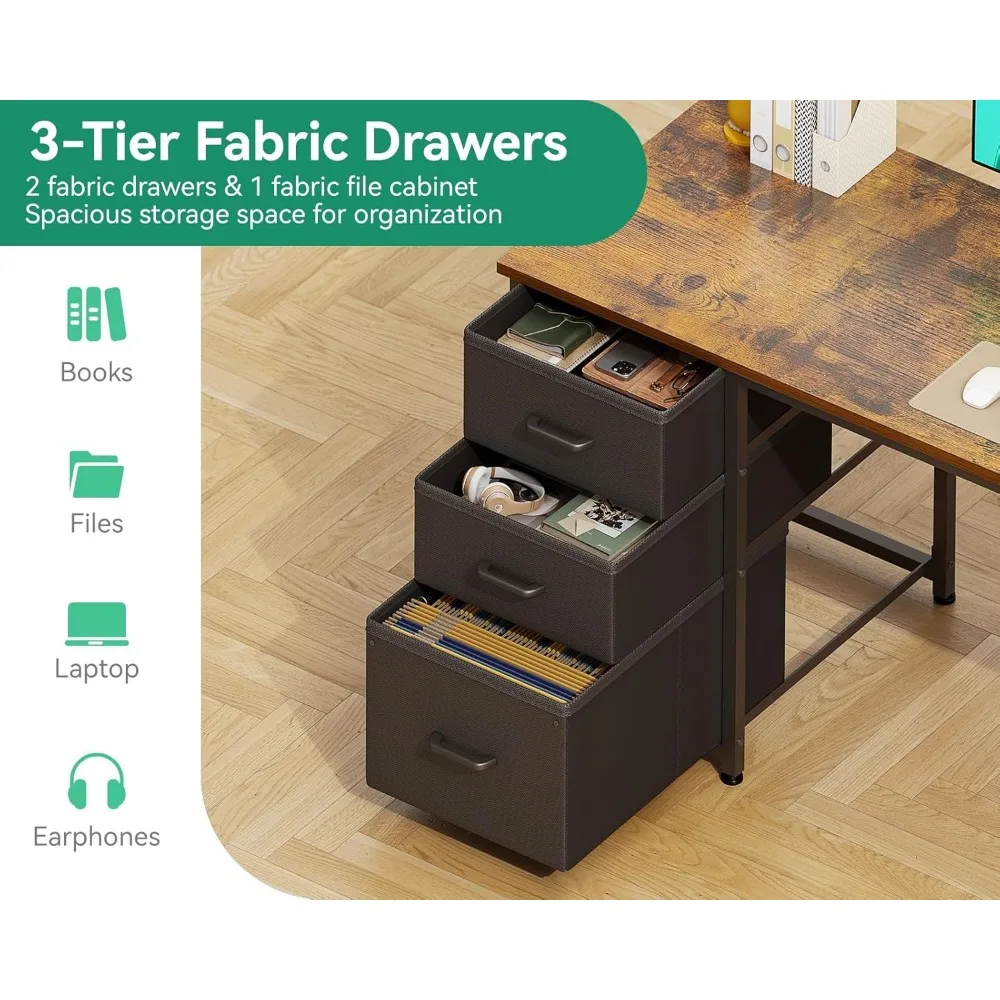 مكتب كمبيوتر كبير مقاس 51 بوصة مع أدراج قماشية، ومنافذ طاقة USB، ومكتب مكتب منزلي قابل للعكس مع أرفف تخزين، مثالي لـ