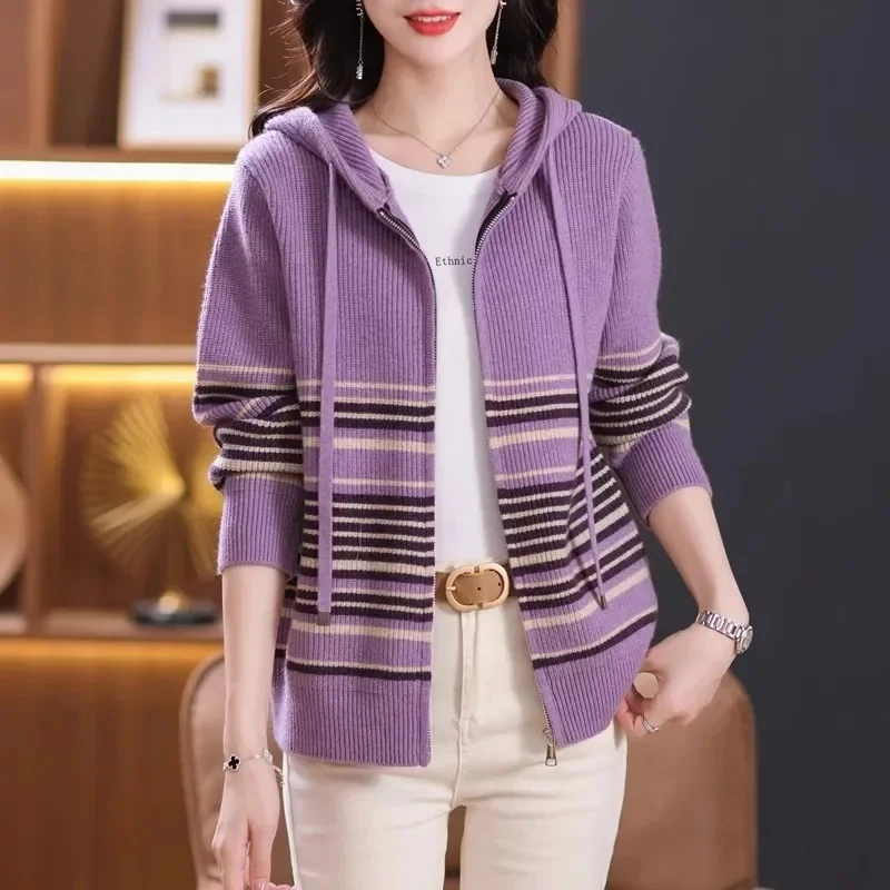 

Autumn Winter Jacket Long Sleeved Knit Tops Female Vintage Color Blocked Striped Hooded Knitted Sweater Cardigan Women Coat 2025
