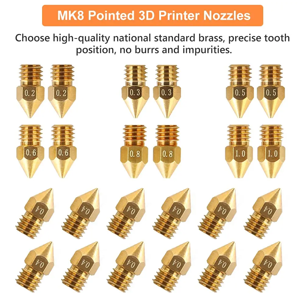 Boquilla MK8 de 0,2/0,3/0,4/0,5/0,6/0,8mm, roscada extrusora de cobre, cabezal de filamento de 1,75mm, boquilla de latón para limpieza de piezas de impresora 3D, 10 Uds.