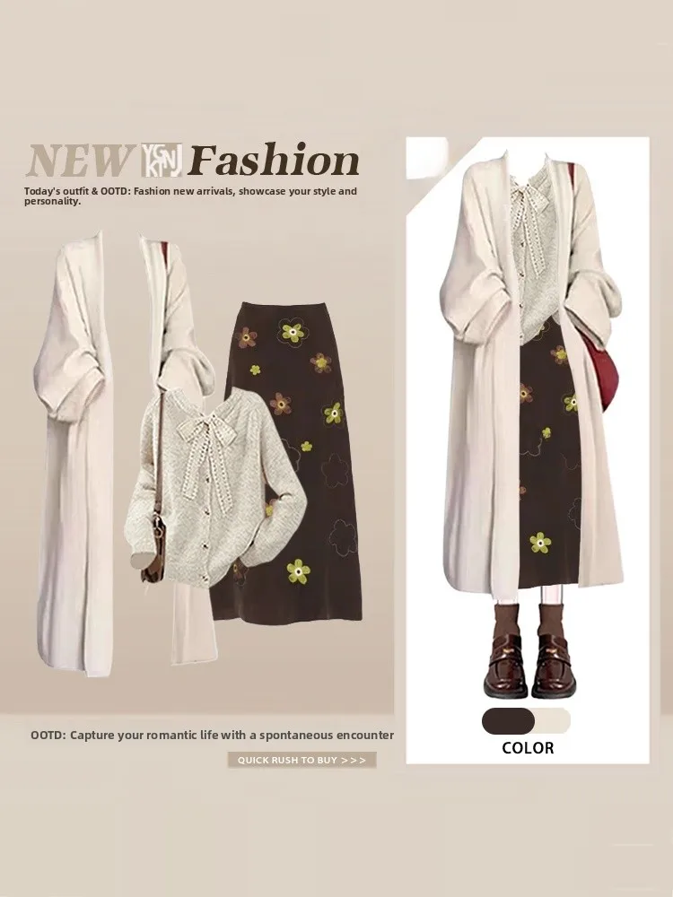 

Sweet Loose Women's Knitted Cardigan Coat Knot Sweater Floral f Skirt Tee-piece Set Autumn Winter Casual Faion