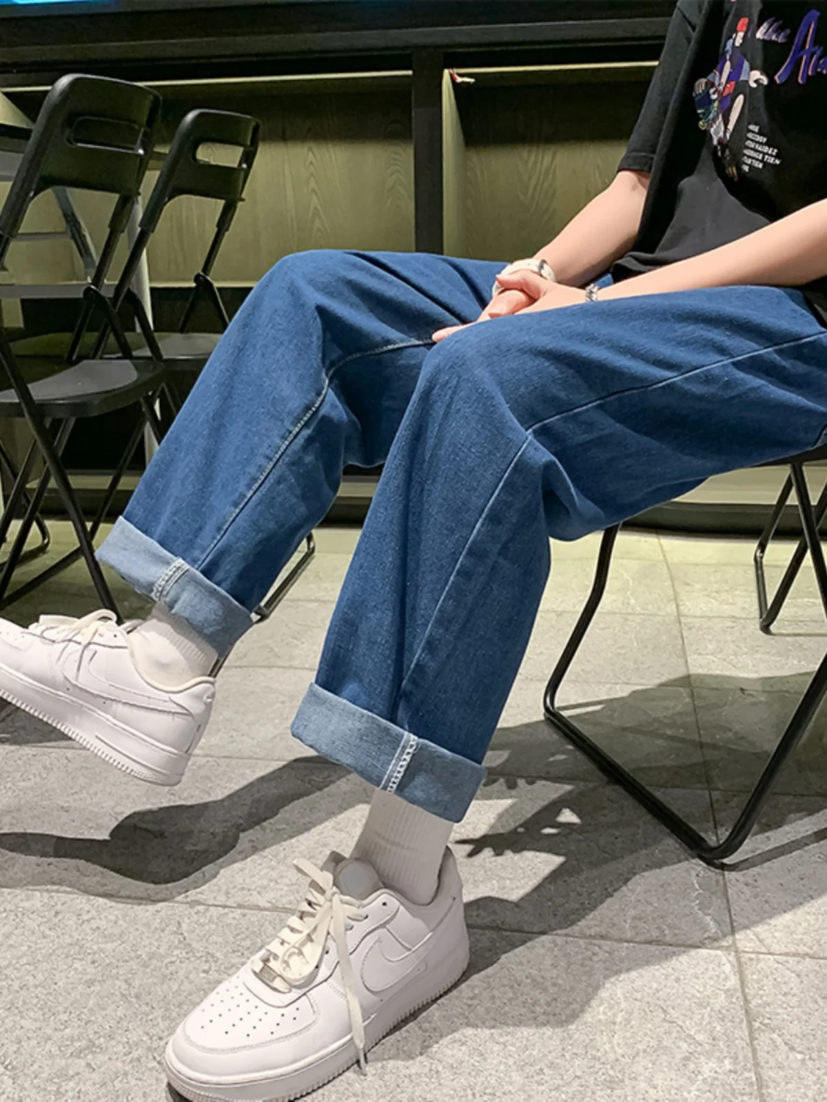 

Loose Straight Leg Men's Jeans Nine Points Draped Hong Kong Style Retro INS Casual Versatile Korean Version Trendy Pants