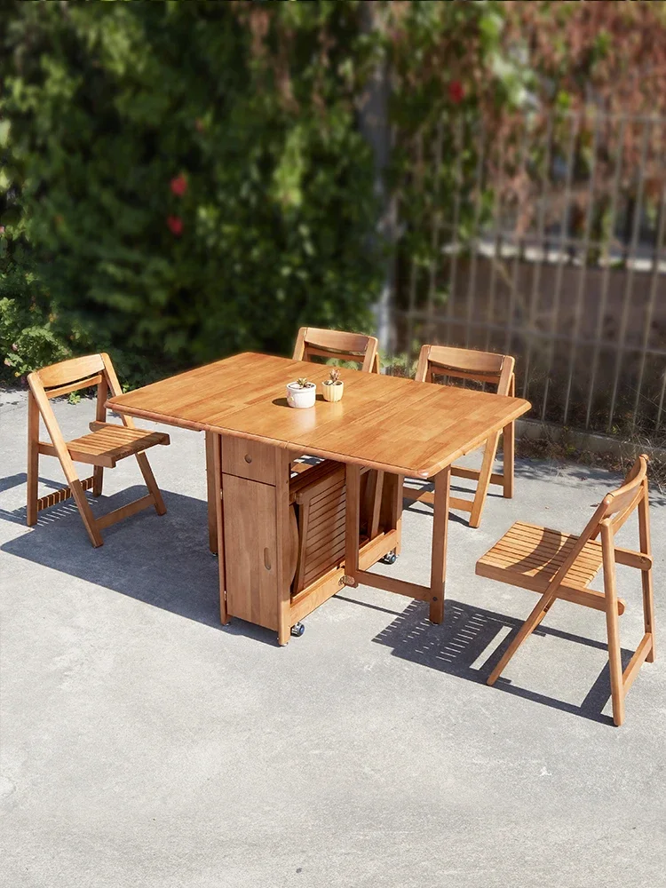 Household Small Apartment Modern Simple Solid Wood Retractable Dining Tables and Chairs Set Rectangular Nordic Rice Table