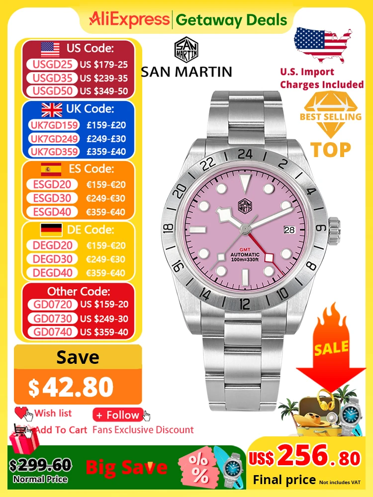 San Martin esfera rosa BB GMT NH34 39mm clásico de lujo hombres de negocios reloj mecánico automático zafiro impermeable Relojes SN0054