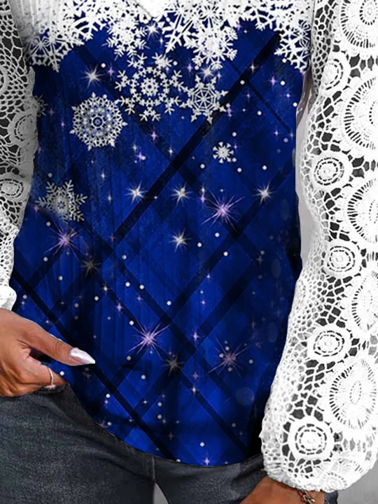 Plus Size Women Long Sleeve V-neck Floral Printed Polka Dot Lace Christmas Tops