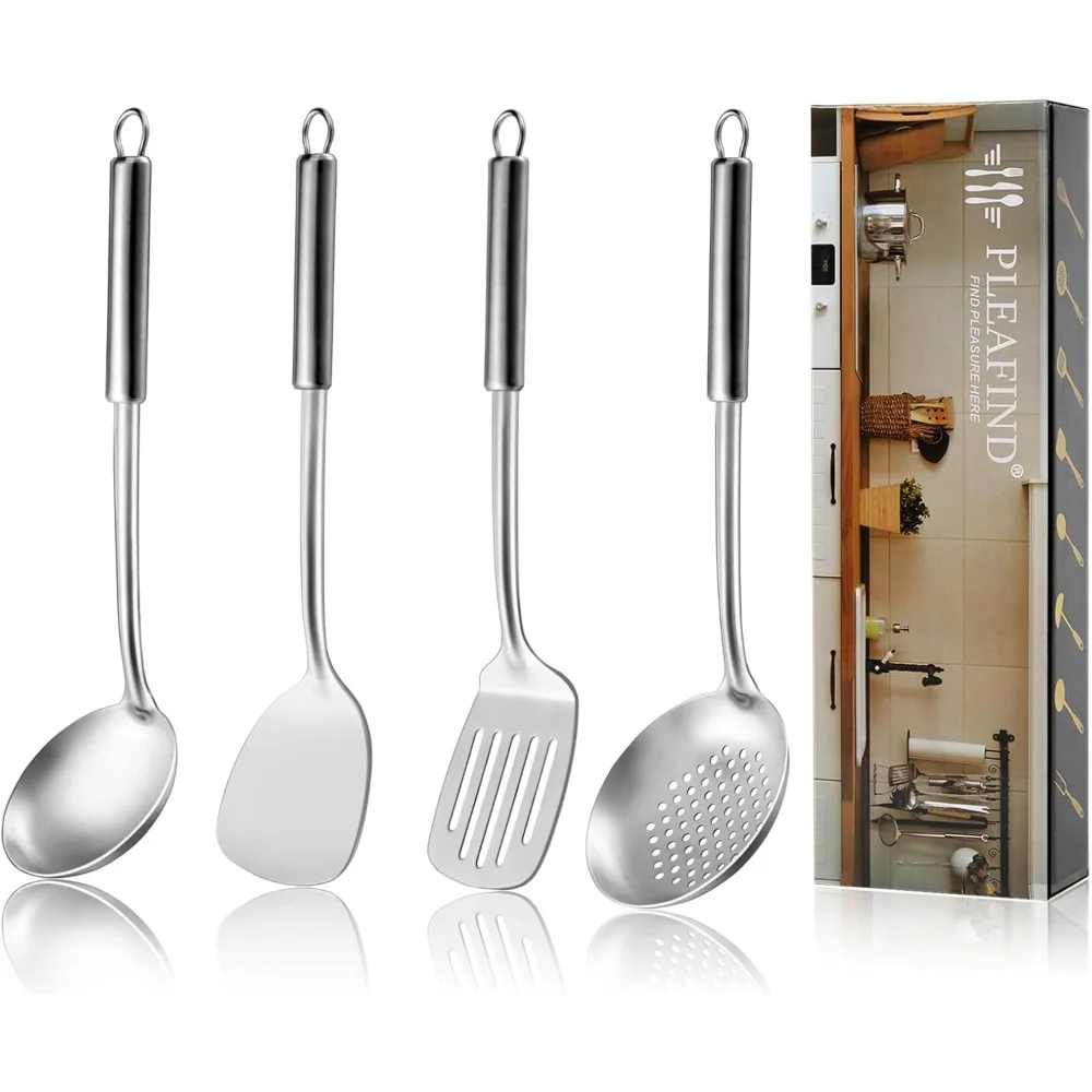 

4-pcs cooking utensils set, stainless steel kitchen utensils, wok utensils set include wok ladle, slotted spoon, wok spatula an