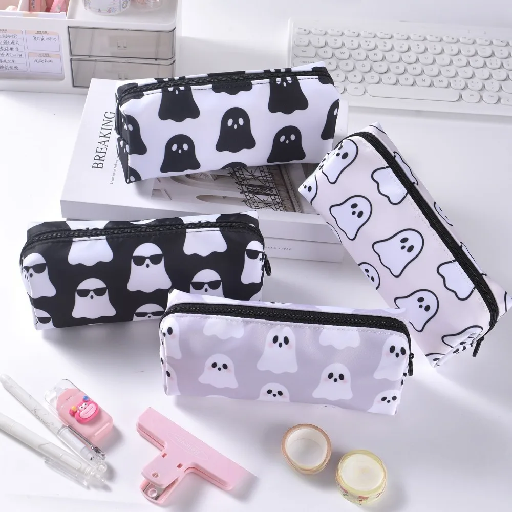 Cute Ghost Pencil Pouch Large Capacity Aesthetic Pen Case Minimalist Durable Canvas Zipper Stationery Organizer for Office Desk