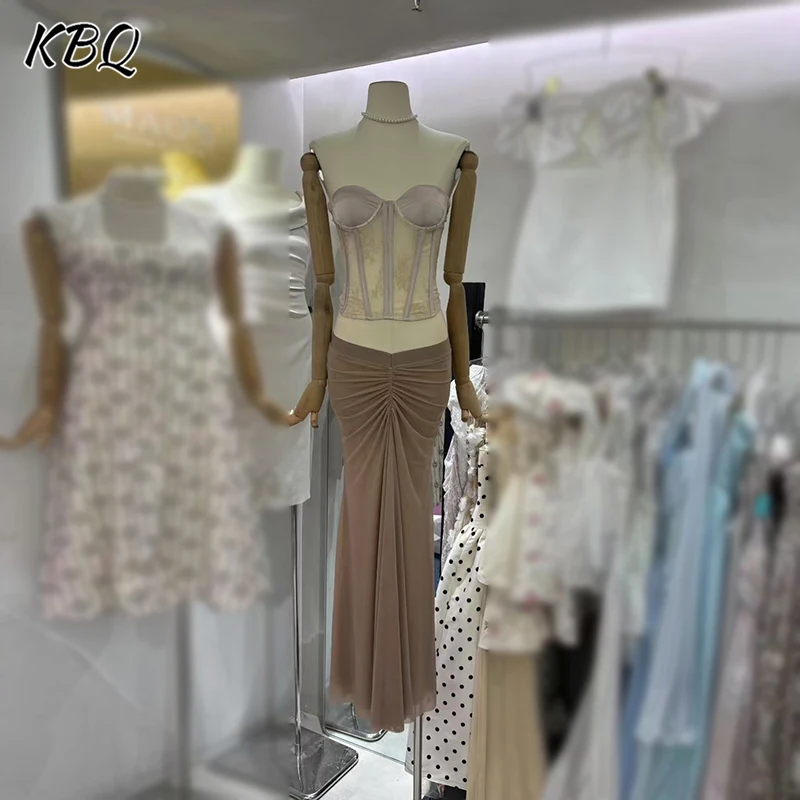 

KBQ Elegant Two Piece Sets for Women Strapless Backless Tops High Wasit Spliced Folds Skirts Chic Slimming Set Female Fahsion