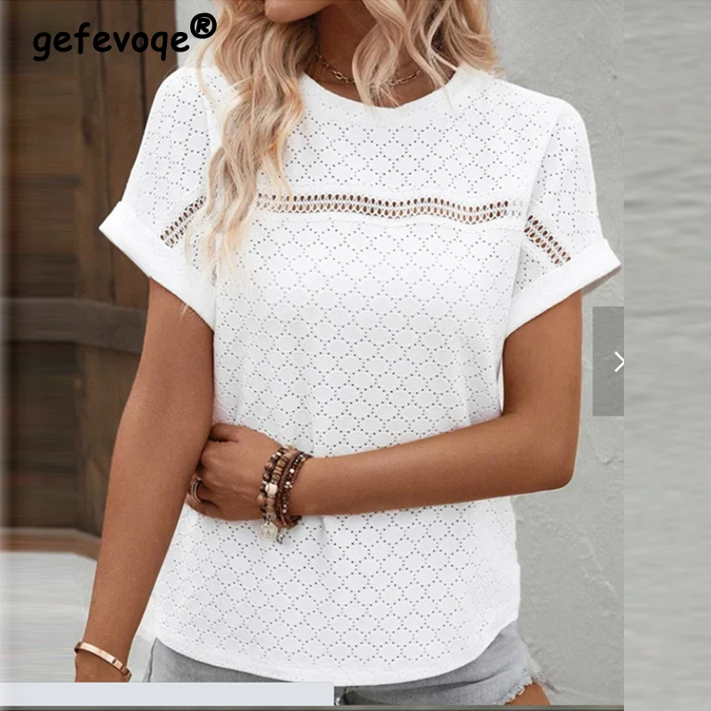 Women Sexy Hollow Out Lace Patchwork Blouses Summer Trendy Simple Casual White Shirts Round Neck Short Sleeve Loose Tops Blusas