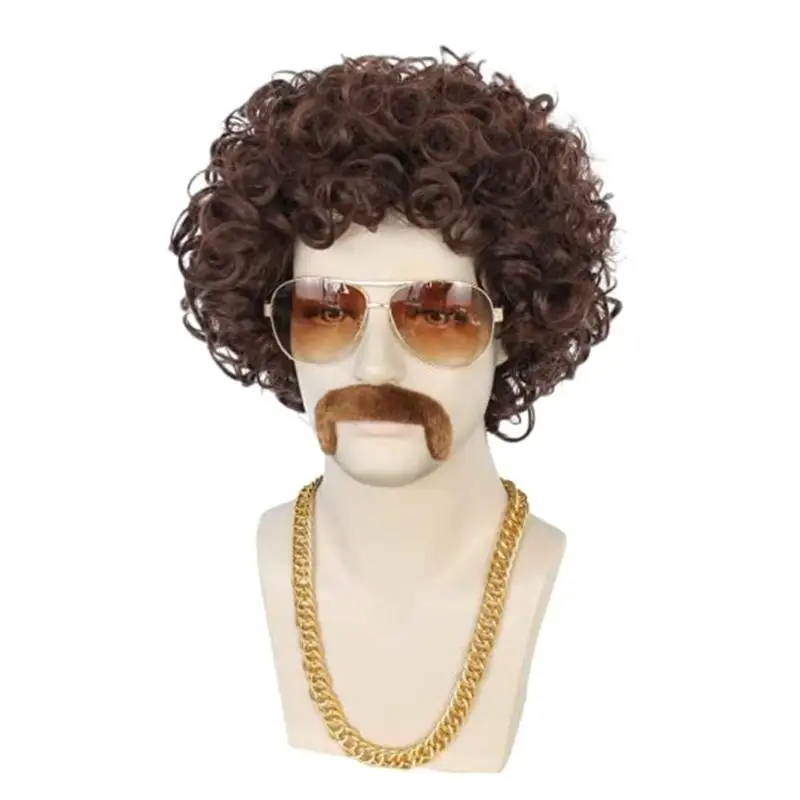 652F Accesorios para disfraz Hippie, disfraz los años 60, 70 y 80, collar cadena oro falso, barba falsa para fiesta