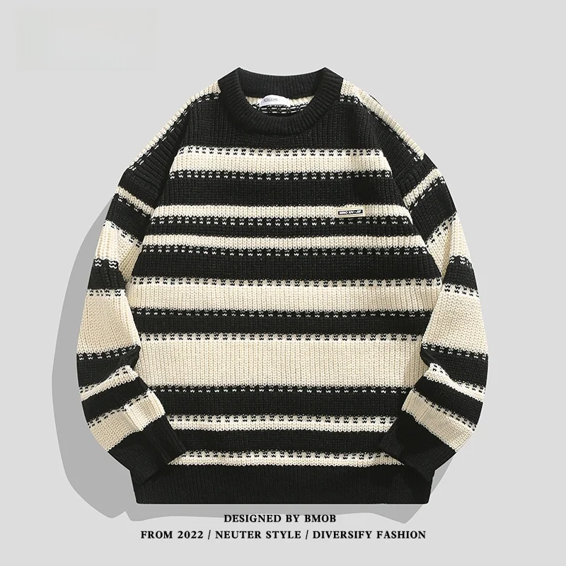 

BMOB Ретро Гонконгский полосатый трикотаж Свободный крой и студенческий свитер Ленивый повседневный длинный свек круглый топ