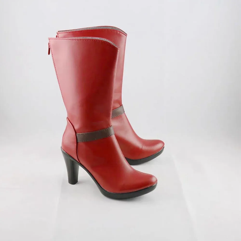 One Piece Nami Cosplay Footwear, Red Mid-Calf High-Heel Cosplay Boots Custom-Made Zipper Shoes for Anime Exhibition Dress Party