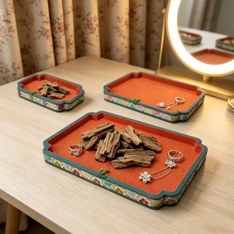 Islamic Royal Brocade Jewelry Tray, Wooden Floral Corner Appraisal Plate, Ramadan Gift Box for Hand String & Pendant