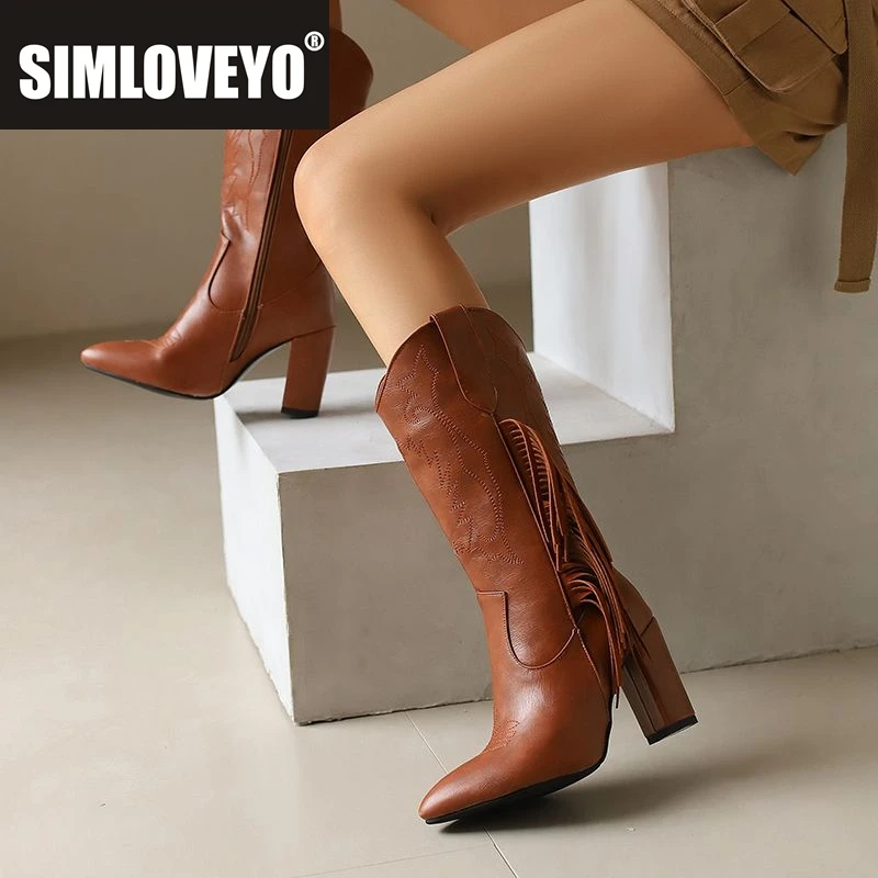 

SIMLOVEYO Новые женские рыцарские сапоги с вышивкой на высоком каблуке 9 см с бахромой на молнии, большие размеры 46 47 48 US17 Винтажные ковбойские ботильоны в стиле вестерн