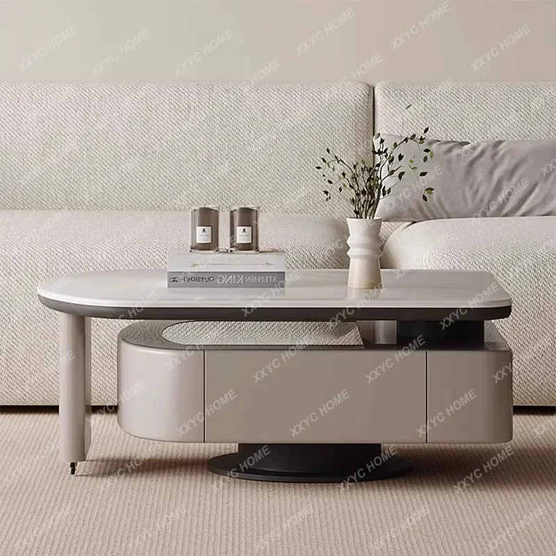 JJJJRotating Microcrystalline Stone Coffee Table Modern Simple Living Room High-end Glass Combination