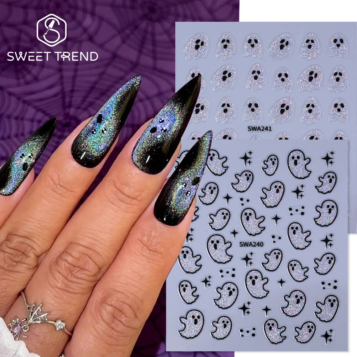 2pcs Rainbow Silver Ghost Nail Sticker Shimmer Laser Spooky Star Design 3D Decals Adorable Halloween Party Foils Manicure Decor