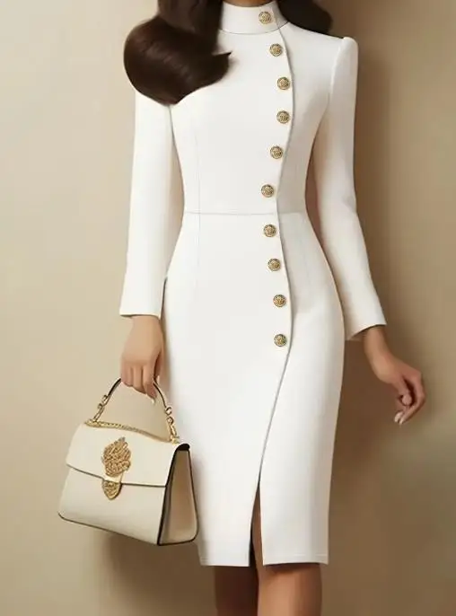 

Autumn 2025 Fashion Stand Up Collar Slim Fit Metal Button Slit Dress for Women Solid Color British Style Elegant Commuting Dress