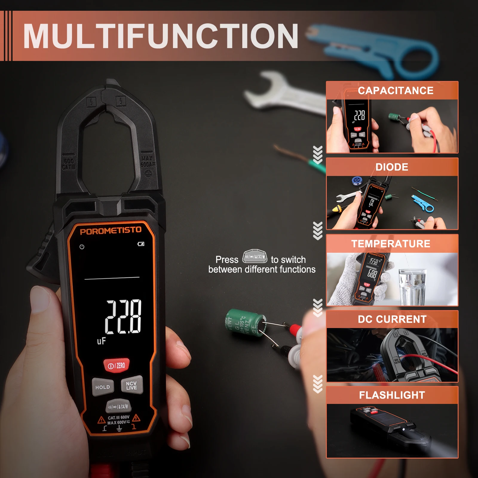 600a AC/DC-Strom klemm messer Großbild-Digital-Profi-Multimeter 9999 zählt NCV-Temperatur kapazität Ampere meter zange